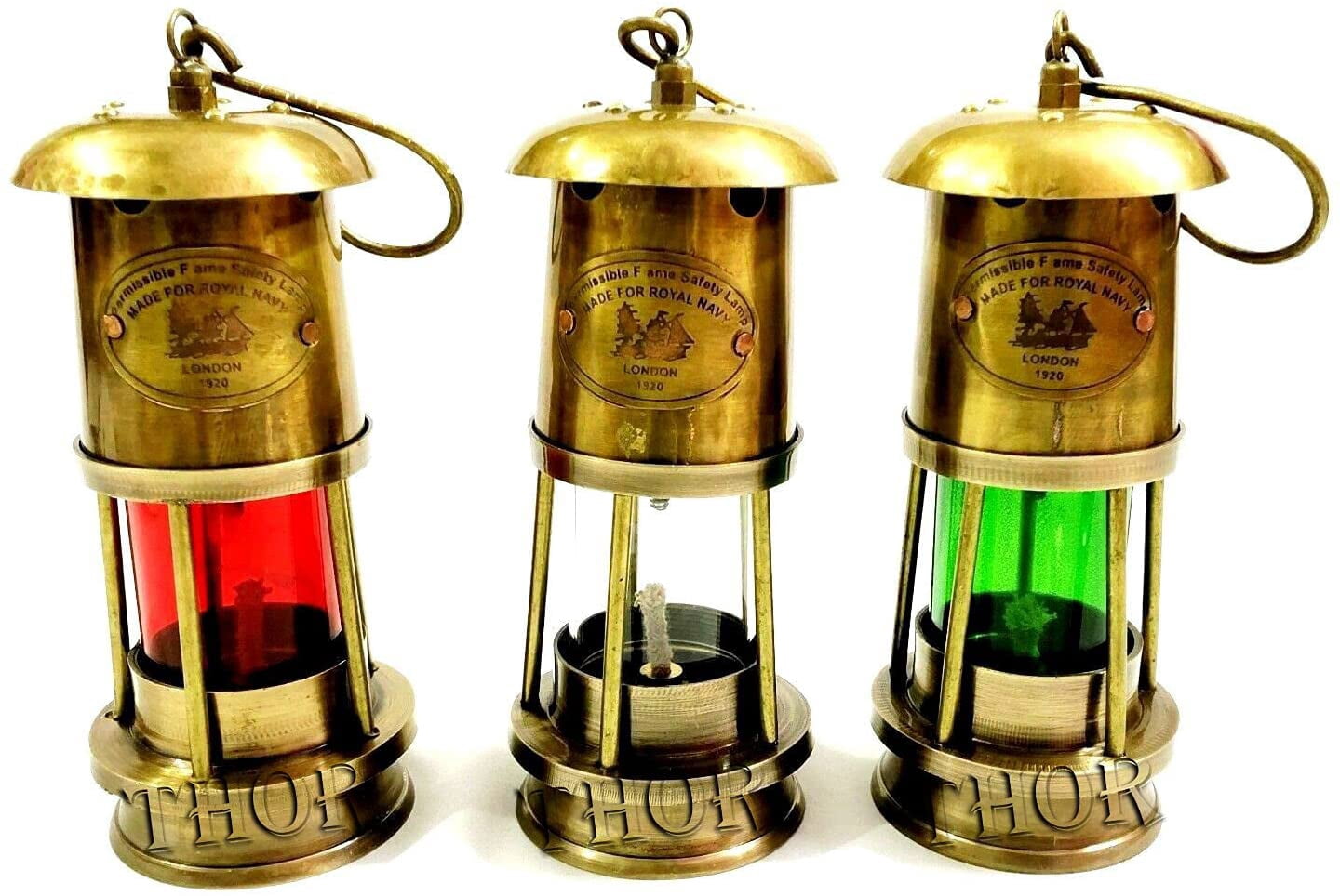Nautical Miner Lamps Set of Three Ship Oil Lamp Red White & Green Glass 6 Inches Vintage Decor