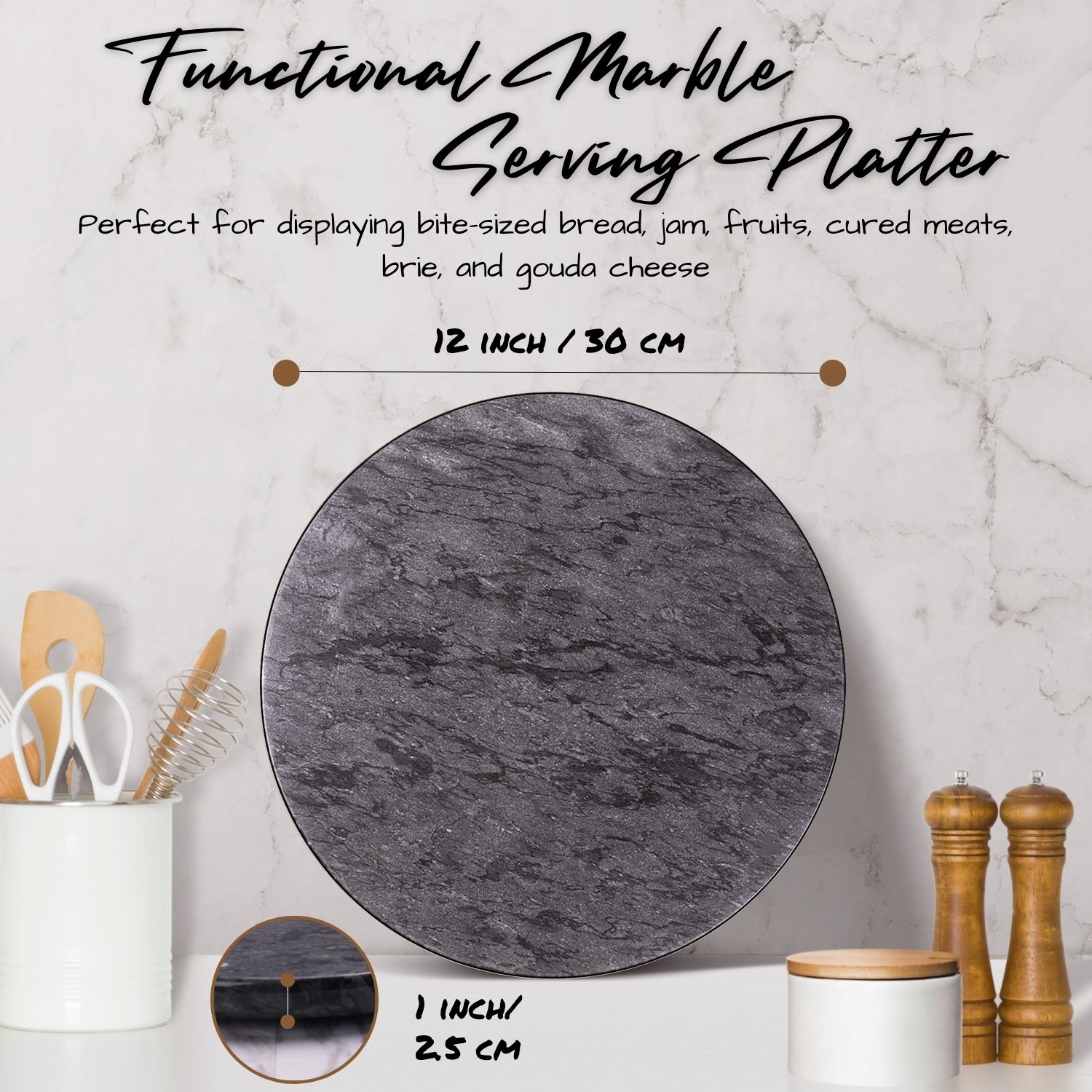 Marble Pastry Board - Black, 12 inch Round Non-Stick Stain & Heat Resistant Charcuterie Cheese Dough Cutting Serving Cutlery Board Tray for Parties, Kitchen