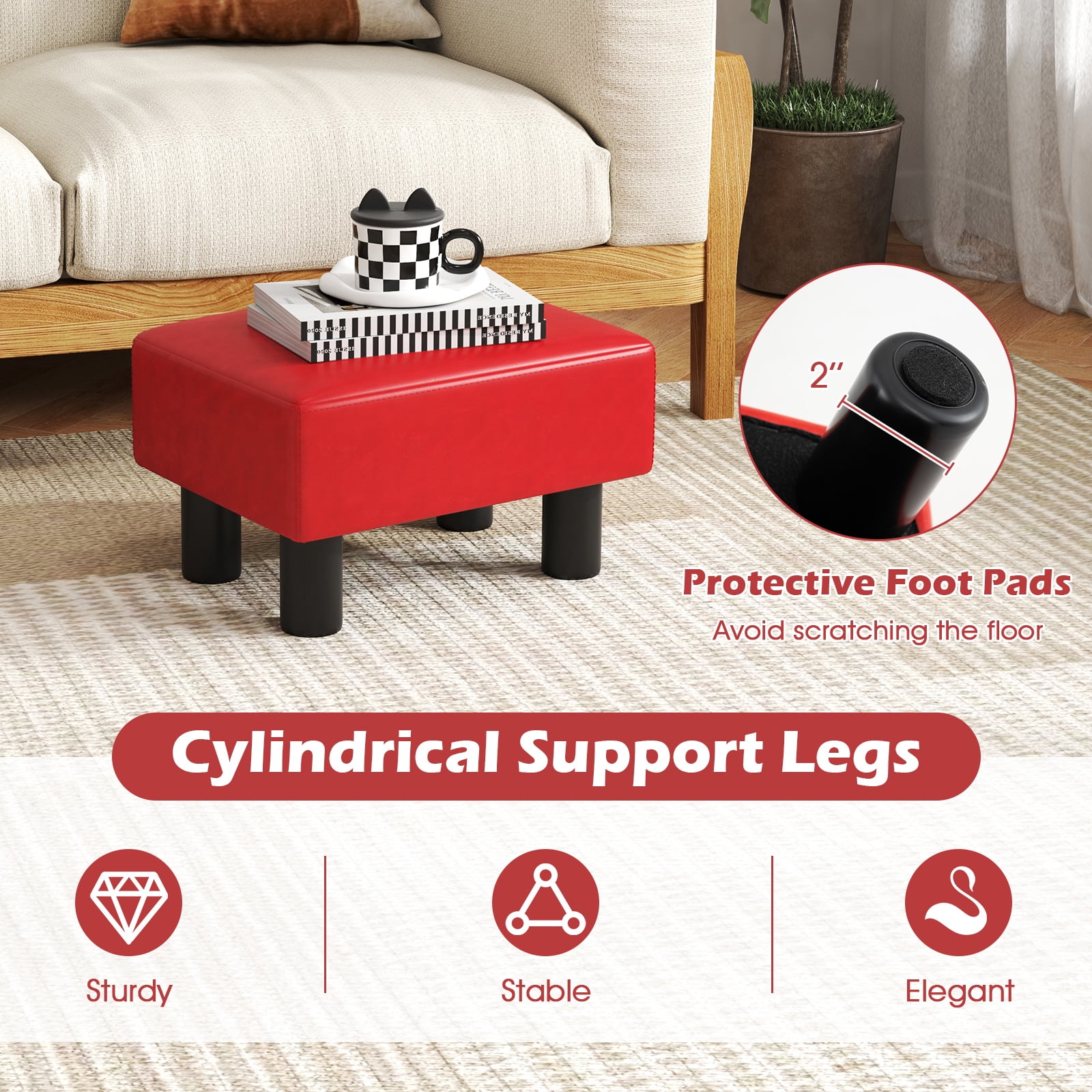 Giantex Foot Stool Ottoman, PU Leather Footrest, Padded Rectangle Footstool, Small Sofa Step Stool, Red