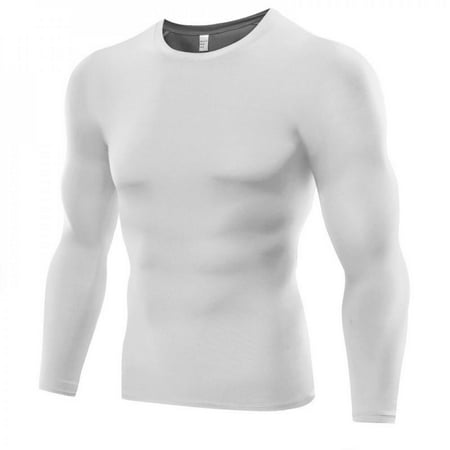 

MEROTABLE Men Sport Tracksuit Bodybuilding Long Sleeve Running Quick Dry Slim Gym T-Shirt White S