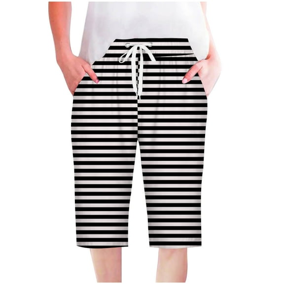 Hvot&aat Women Casual Straight Shorts Drawstring Elastic Waist Comfy Pants Knee Length Striped Shorts With Pockets