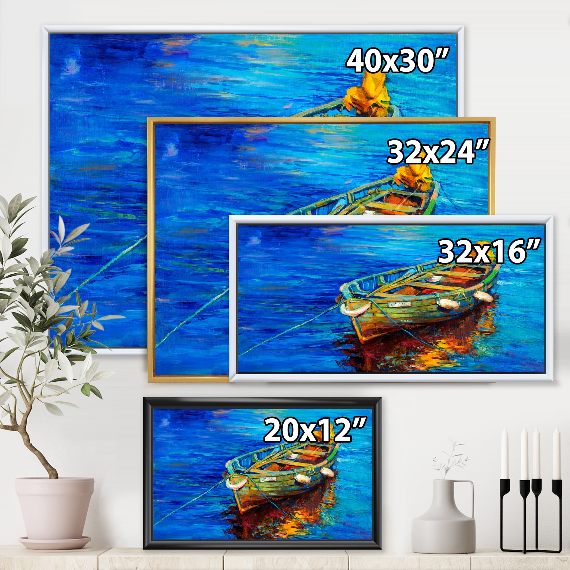 Designart 'Boats During Warm Sunset Resting On The Water IV' Nautical & Coastal Framed Canvas Wall Art Print