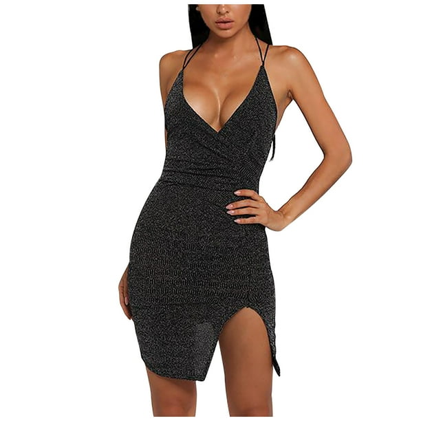 Falda corta sin mangas de seda con escote en V y cuello Halter para mujer Fridja nalpqowj41328