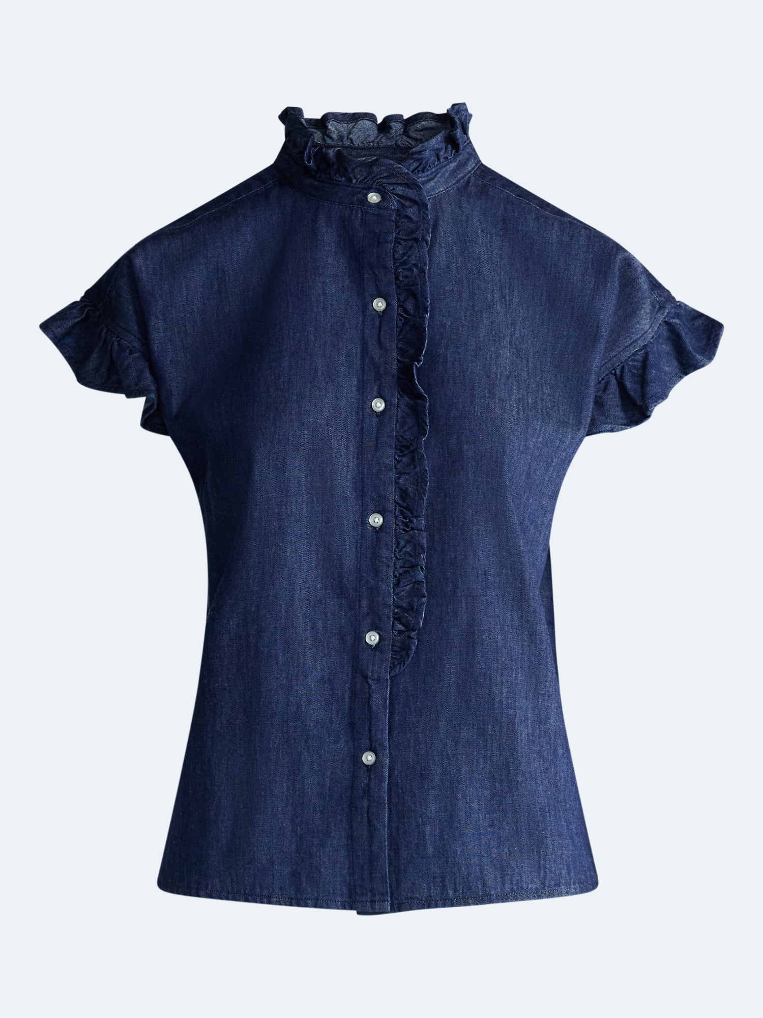 Free Assembly Women's and Women's Plus Ruffle Trim Neck Top with Short Sleeves, Sizes XS-4X