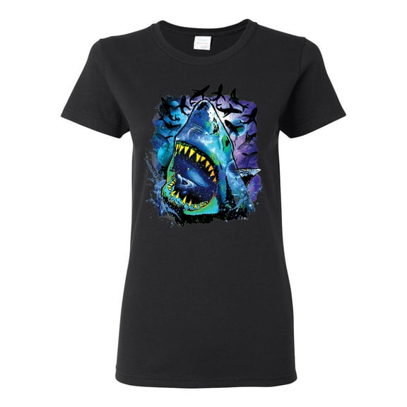 Great White Shark Species in Ocean | Womens Fishing Graphic T-Shirt, Black, Small