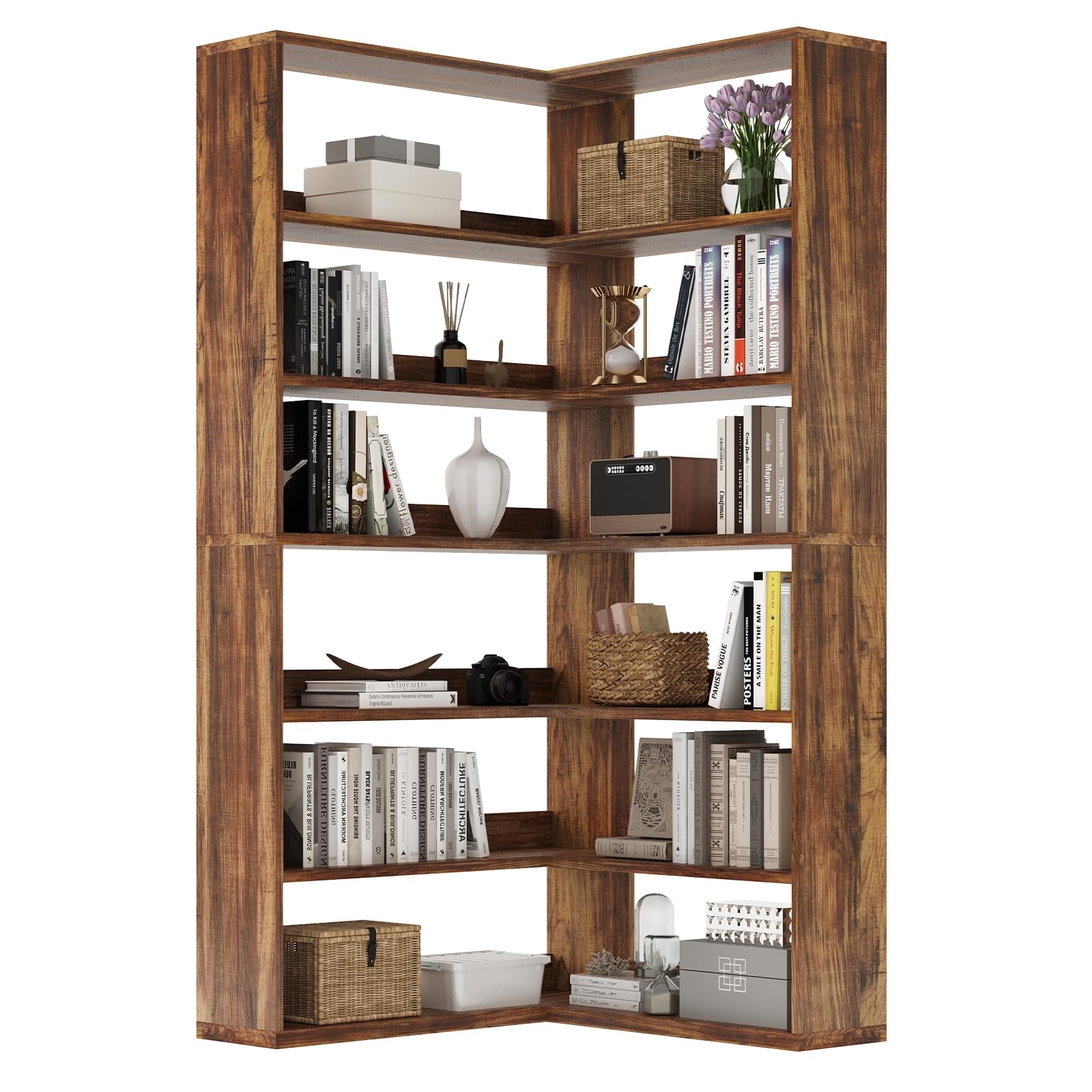 DreamCurship Corner Bookshelf L-Shaped Industrial 6 Tier with LED Light 71 Inch Tall Rustic Brown