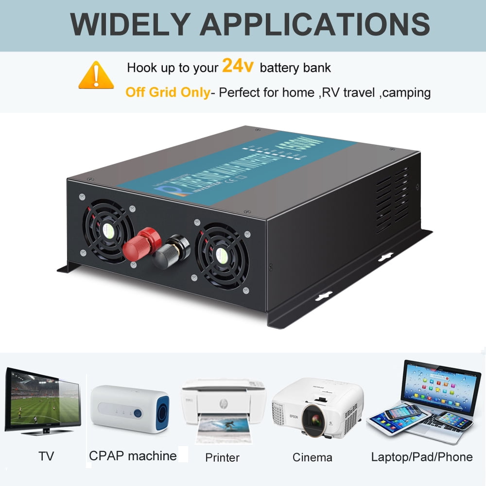 WZRELB 24V DC to 120V Pure Sine Wave Inverter 1500W Car PowerTruck RV Motorhome Solar System Battery Generator 3000W Surge
