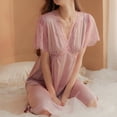 thumbnail image 4 of Defitshape Women's Short Sleeve Silky Nightgown Summer Soft Satin Lace Sleepwear Sexy Cutout Sheer V Neck Nighty Purple Large, 4 of 5