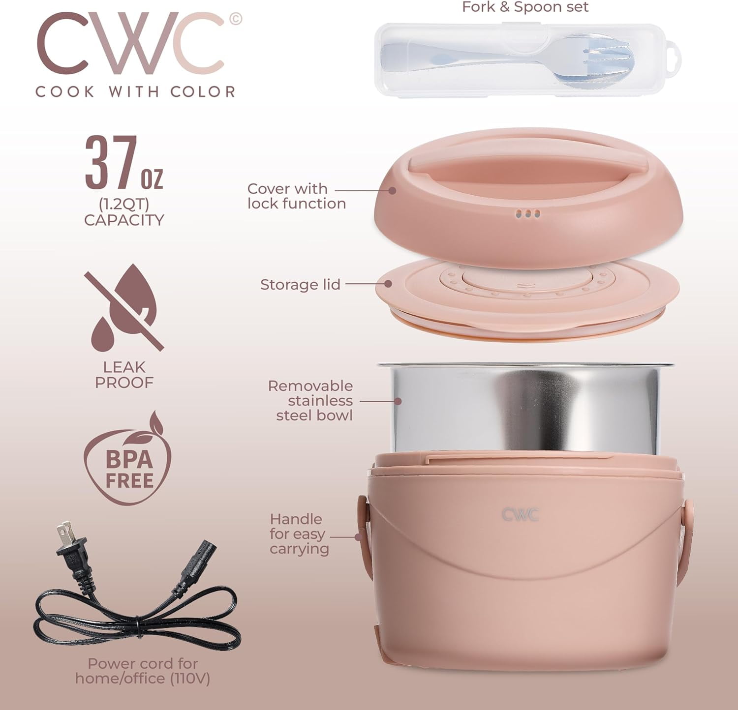 Cook With Color Heated Lunch Box Electric Food Warmer, Round 1.1L Portable Bento Box for Adults, Blush