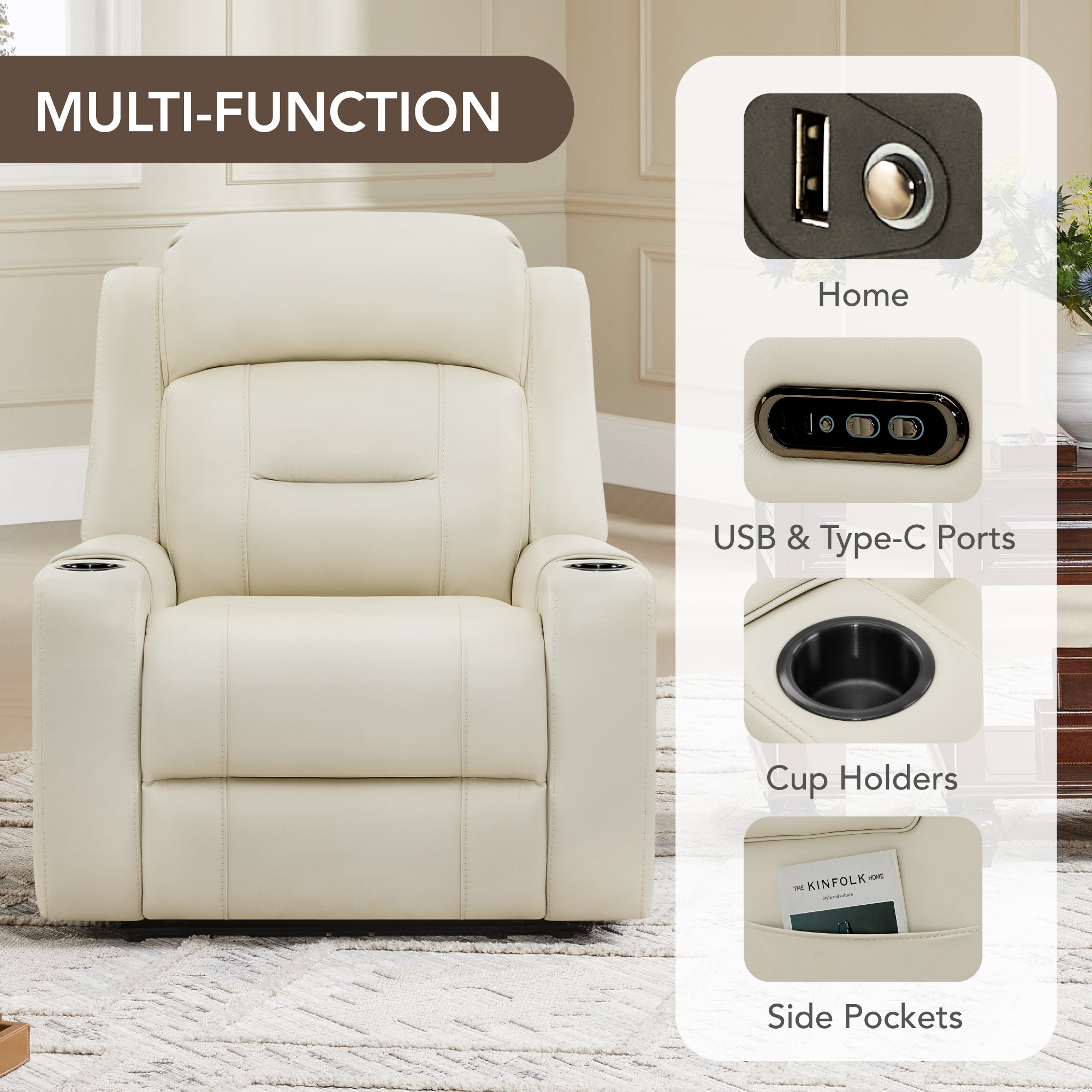 Spruce & Spring Lay-Flat Genuine Leather Power Recliner Chair with Headrest, Cream