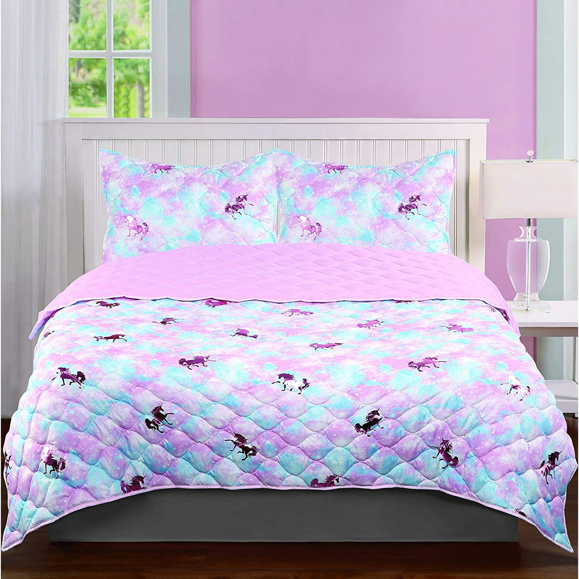 GFDYREE Girls Unicorn Quilt Set Full Size Pink Blue Metallic Pink Walmart