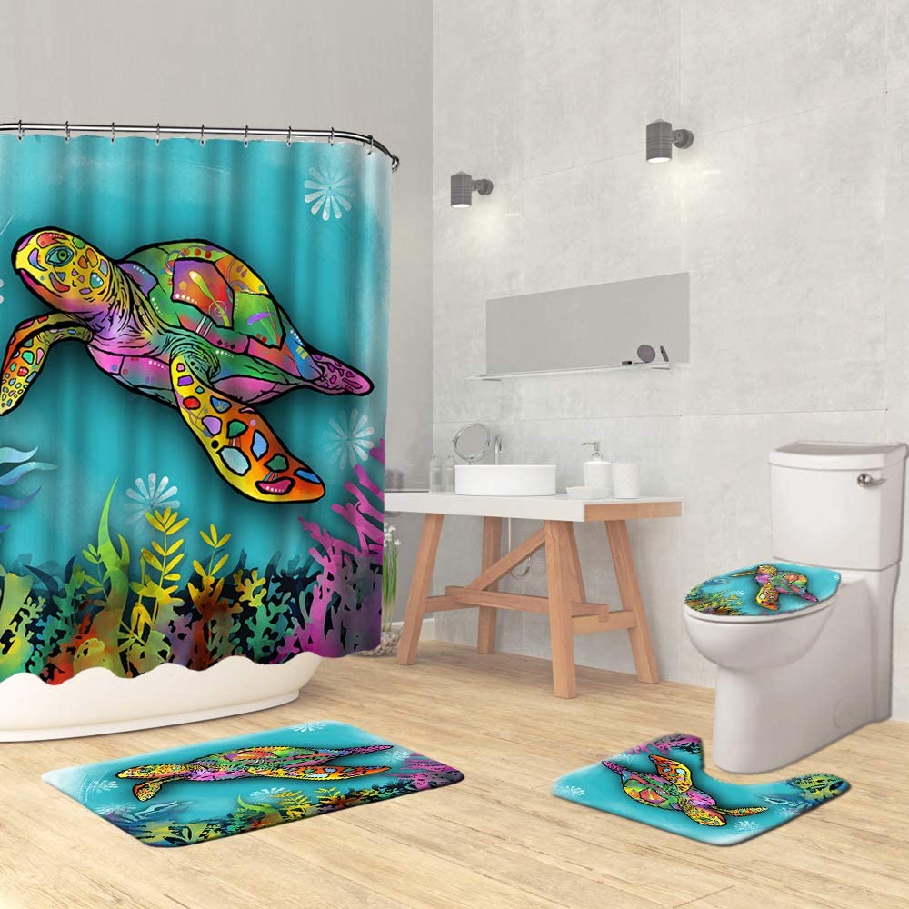 "Happyline" Sea Turtle Shower Curtain Sets with NonSlip Rugs, Toilet