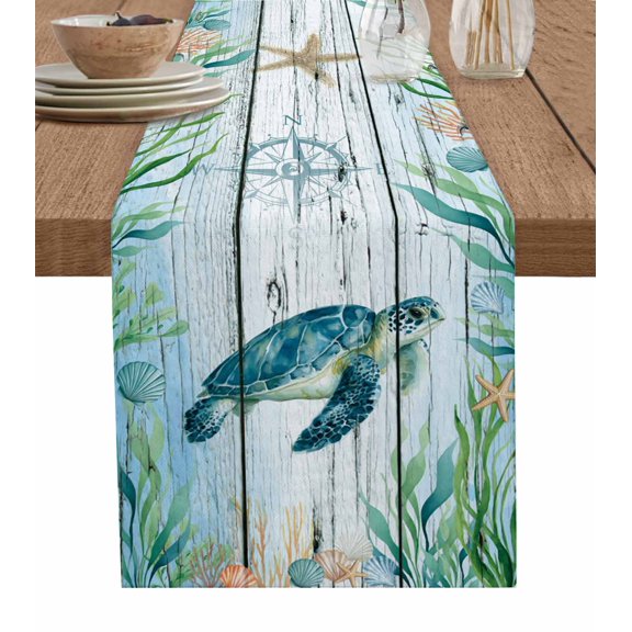 Coastal Turtle Table Runner 90 Inches, Nautical Ocean Shells Seaweeds Starfish Bed Runner Dresser Scarves Tabletop for Indoor Outdoor Parties/Ceremony/Banquet, 13" x 90"