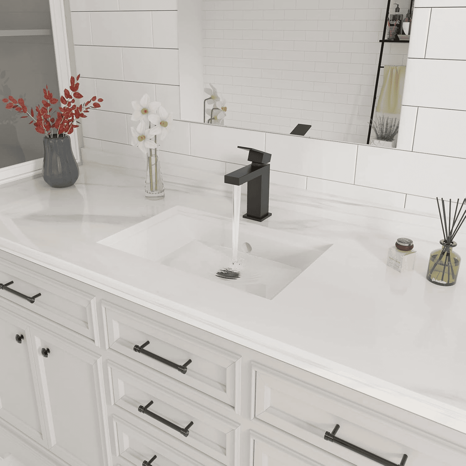 Single Handle Bathroom Faucet, Matte Black Single Hole Bathroom Faucet, Solid Brass Modern Bathroom Sink Faucet Vanity Square Bathroom Faucet with Pop-up Drain & Overflow & Water Supply Hoses