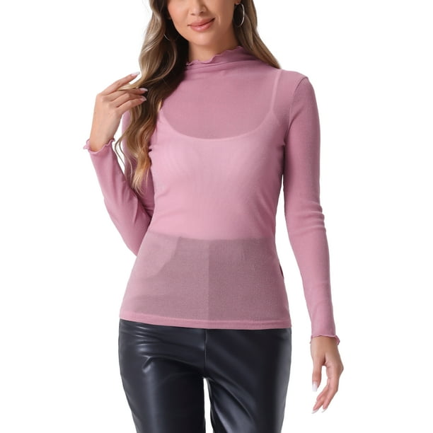 Blusa de fiesta ajustada de manga larga semi transparente brillante para mujer Allegra K XL color rosa claro