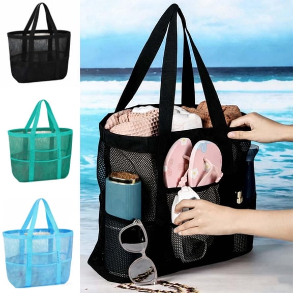 Beach Mesh Tote Bag, Breathable Large Capacity Summer Bag, Multi-Pocket Sand-Free Shoulder Bag for Women Pool Beach Vacation Essentials, AKLJWH, #01 Black