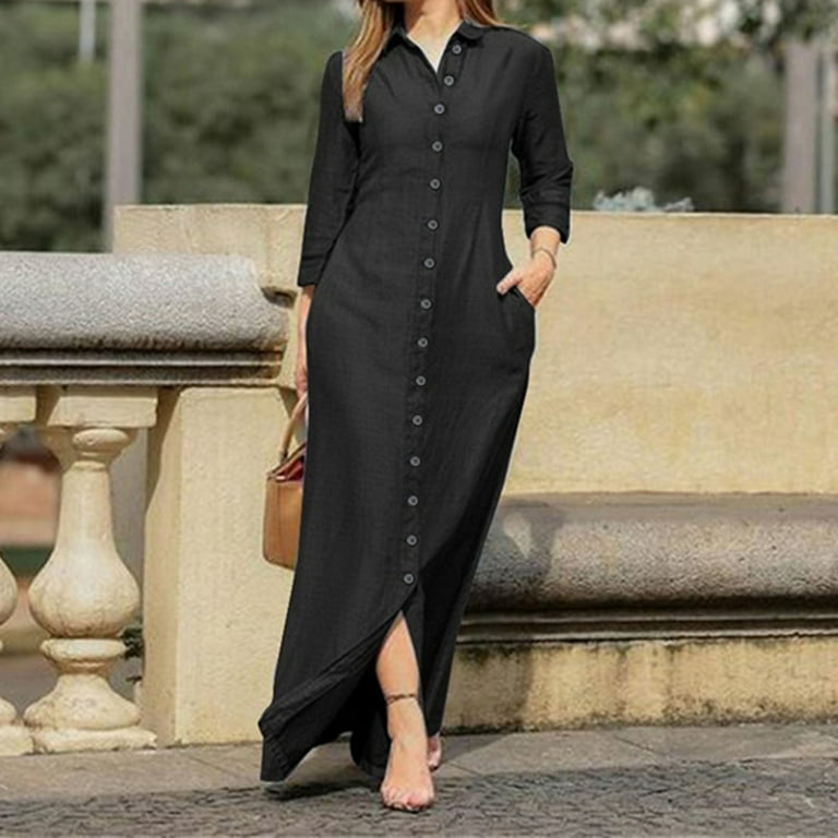 cdar Turn-Down Collar 3/4 Sleeve Women Dress Two Pockets Solid Color Single Breasted Denim Maxi Dress Ladies Clothing Dress