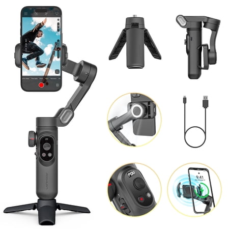 AOCHUAN Gimbal Stabilizer for Smartphone Video Recording, Buildin LED Light, 3-Axis Professional Gimbal, OLED Display, Focus Wheel, Black