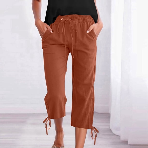 WILLBEST Pantalones Capri Casuales de Lino con Cordón Ajustable para Mujer, de Color Liso, Cómodos para Uso Diario. Extra Grande