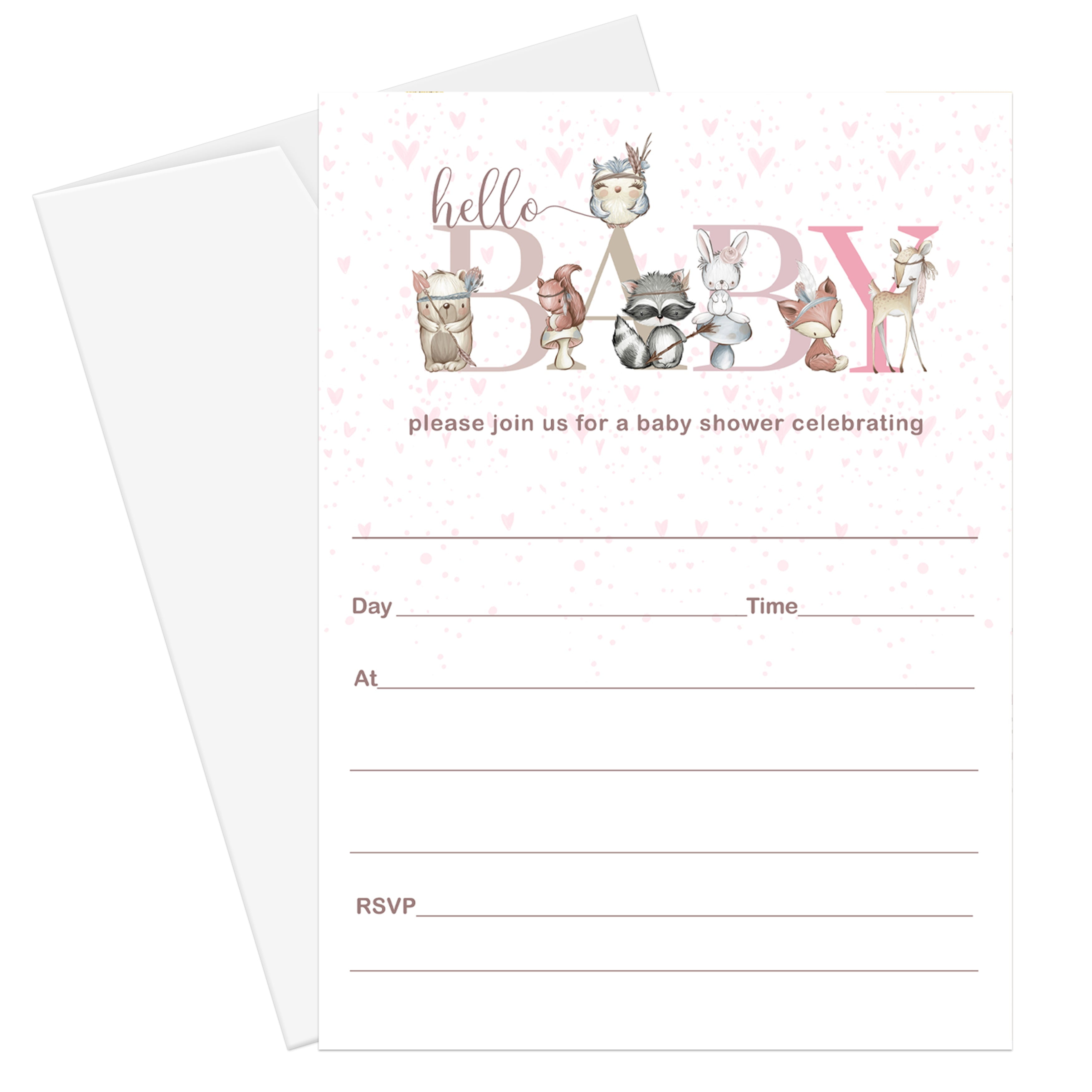 Woodland Friends Invitations with Envelopes (25 Pack) Baby Shower Invitation for Girls Pink, Rustic, Floral or Animal Event Theme - Printed Blank Invites to Handwrite Party Details DIY