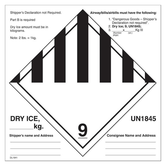 6 x 6 Dry Ice UN1845 Labels (500 per Roll) White / Black 6" x 6"