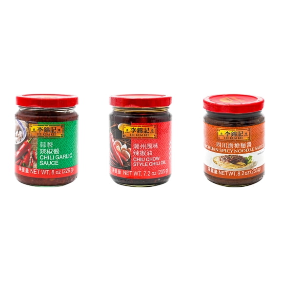 3 Pack Lee Kum Kee Cooking Sauce, 3 Flavors(Chili Garlic Sauce,Chiu Chow Chili Oil,Sichuan Spicy Noodle Sauce) Plus NineChef Brand Long Handle Coffee Spoon