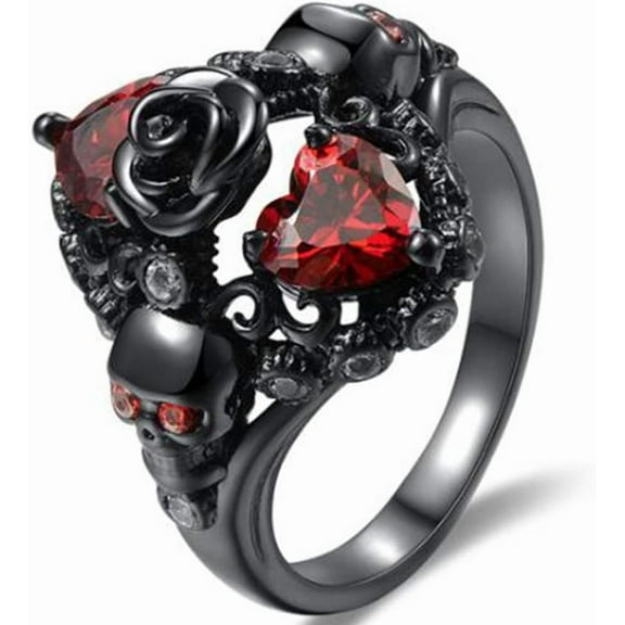 Black Gold Plated Skull Gothic Death Rose Wedding Statement Cocktail Party Biker Ring