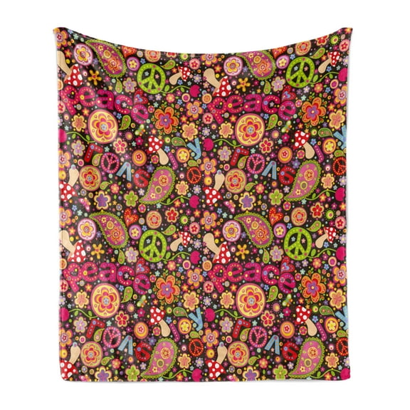 70s Party Soft Flannel Fleece Throw Blanket, Groovy Peace and Love Composition Hallucinatory Mushrooms Flowers Joyful Vivid, Cozy Plush for Indoor and Outdoor Use, 70" x 90", Multicolor, by Ambesonne