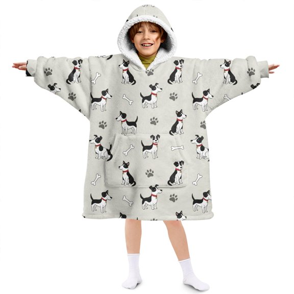 Jack Russell Terrier and Dog Paw Print Lamb Fleece Blanket Hoodies for Teens ,Teens Oversize Sherpa Wearable Hooded Blanket Sweatshirt with Super Pockets