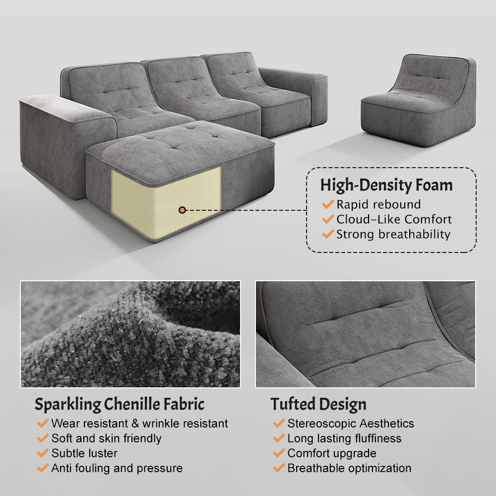 MOONMISS 143.7" Modular Sectional Sofa Set with Removable Ottoman,Tufted Design, Deep Seat Couch, Chaise & Accent Chair,Modern DIY Sparkling Chenille Sofa for Living Room, Apartment, Office