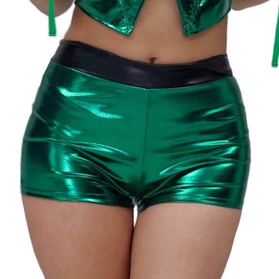 PIMSSY Women Shorts Solid Color Shiny Leather Stage Performance Sexy Hot Pants Gold Embossed Leather High Waist Shorts Comfort Bottoms