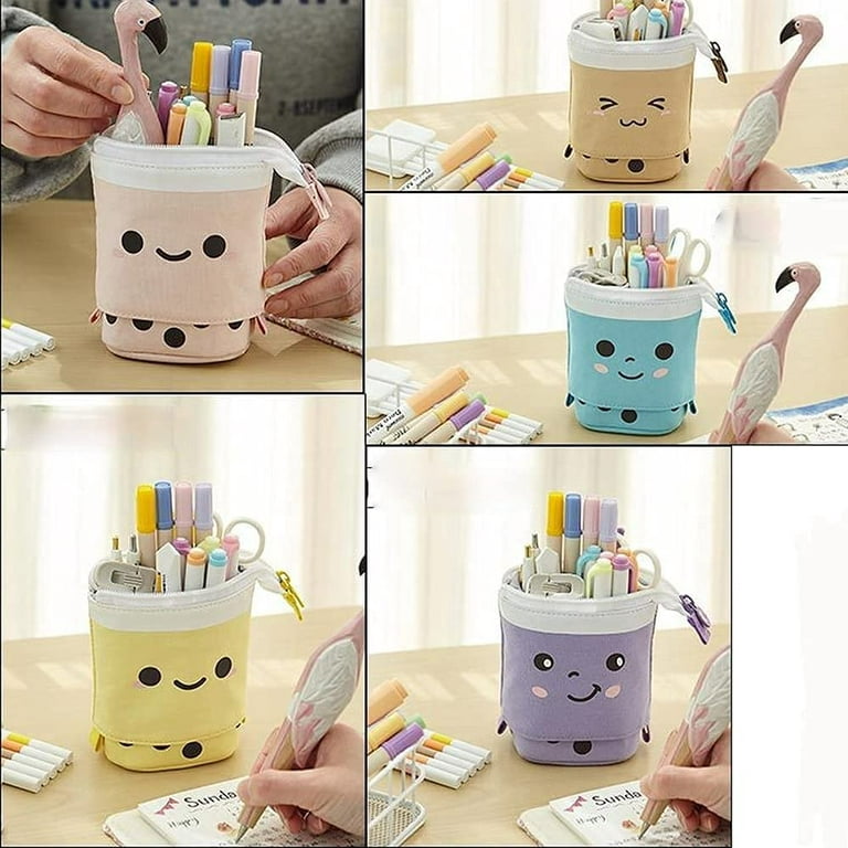 Kawaii Pencil Case With Boba Smile Face Telescopic Standing Pencil Bag Pouch  Cute Pencil Holder Office Products