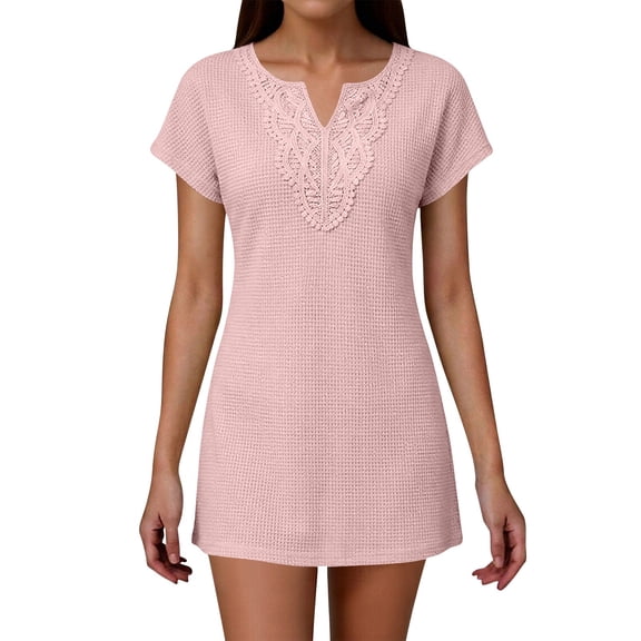 Uootdi Womens Short Sleeve V Neck Waffle Knit Dresses Embroidery Trim Casual Shift Dresses Solid Color Mini Dresses Gift