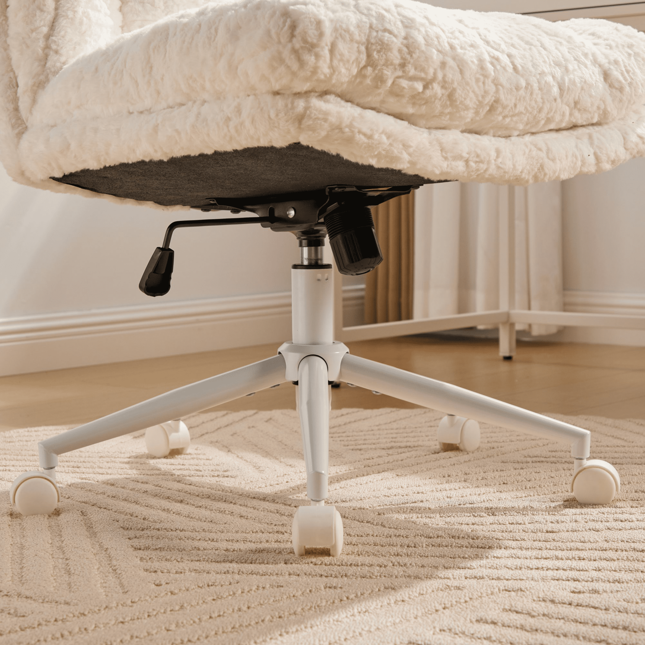 SESSLIFE 26.4 inch Wider Seat Office Chair, Artificial Rabbit Hair Home Office Chair with Metal Base, Adjustable Desk Chair Swivel Office Chair, Vanity Chair(Cream)