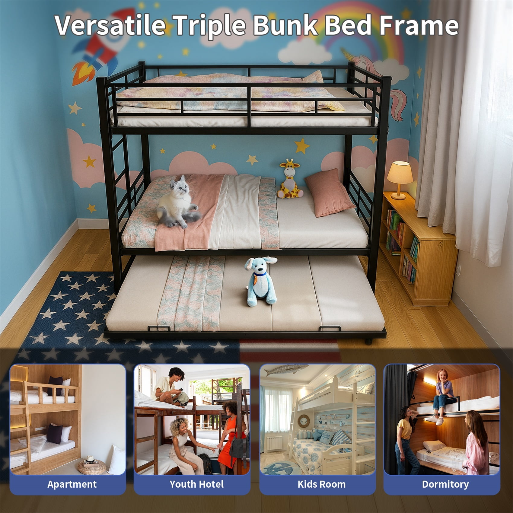 Alvantor Triple Bunk Beds Twin over Twin Bunk Bed with Trundle, Heavy Duty Metal Bed Frame with Guardrail, Divided Into 3 Twin Beds for Boys Girls Kids, Black