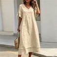 thumbnail image 5 of Vivianyo HD Women's V-Neck Fringe Trim Maxi Dress, Short Ruffle Fringe Sleeve Solid Linen Blend Loose Casual Summer Dresses for Women Vacation, Women's Beige, Sizes S-2XL, 5 of 7