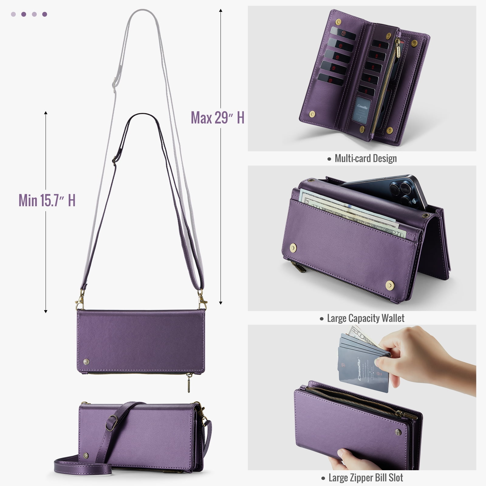 ELEHOLD Phone Bag Wallets for Women Girls,Luxury PU Leather Wallet Bag Crossbody Handbag with Phone Pocket Zipper Pocket Large Capacity Credit Card Holders Wriststrap Shoulder Strap,Purple