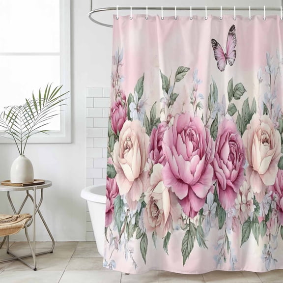 Watercolor Pink Floral Waterproof Fabric Shower Curtain,Spring Romantic Roses Butterfly Waterproof Fabric Shower Curtain for Bathroom Curtains Bathtubs Shower Curtains with 12 Hooks Small 36x78in