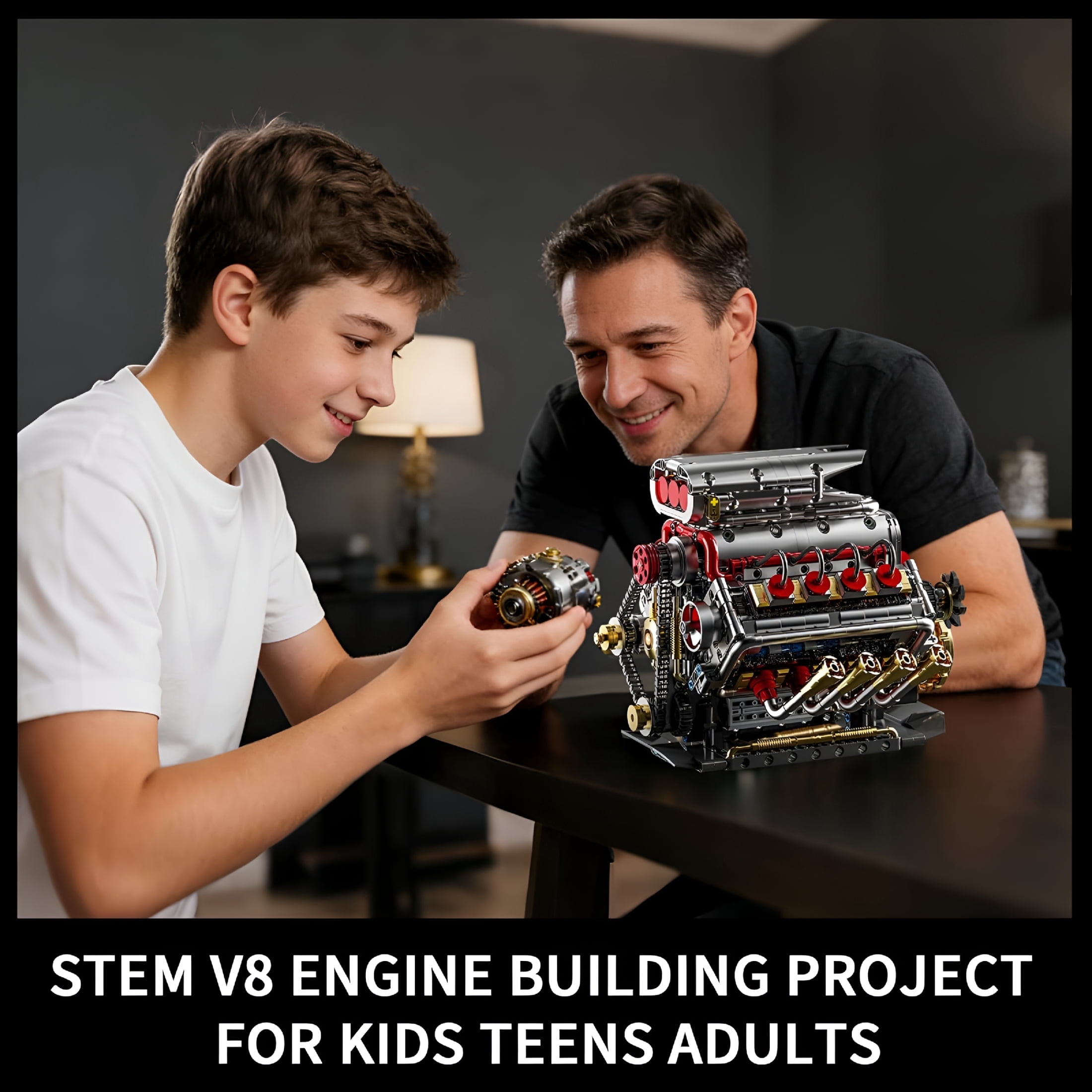 BESTSKY V8 Engine Model Kit That Runs, 8-Cylinder Car Engine Building Set with Rechargeable Motor, Compatible with for Adults, Engineering Construction Toy for Teens Boys (1176 PCS)