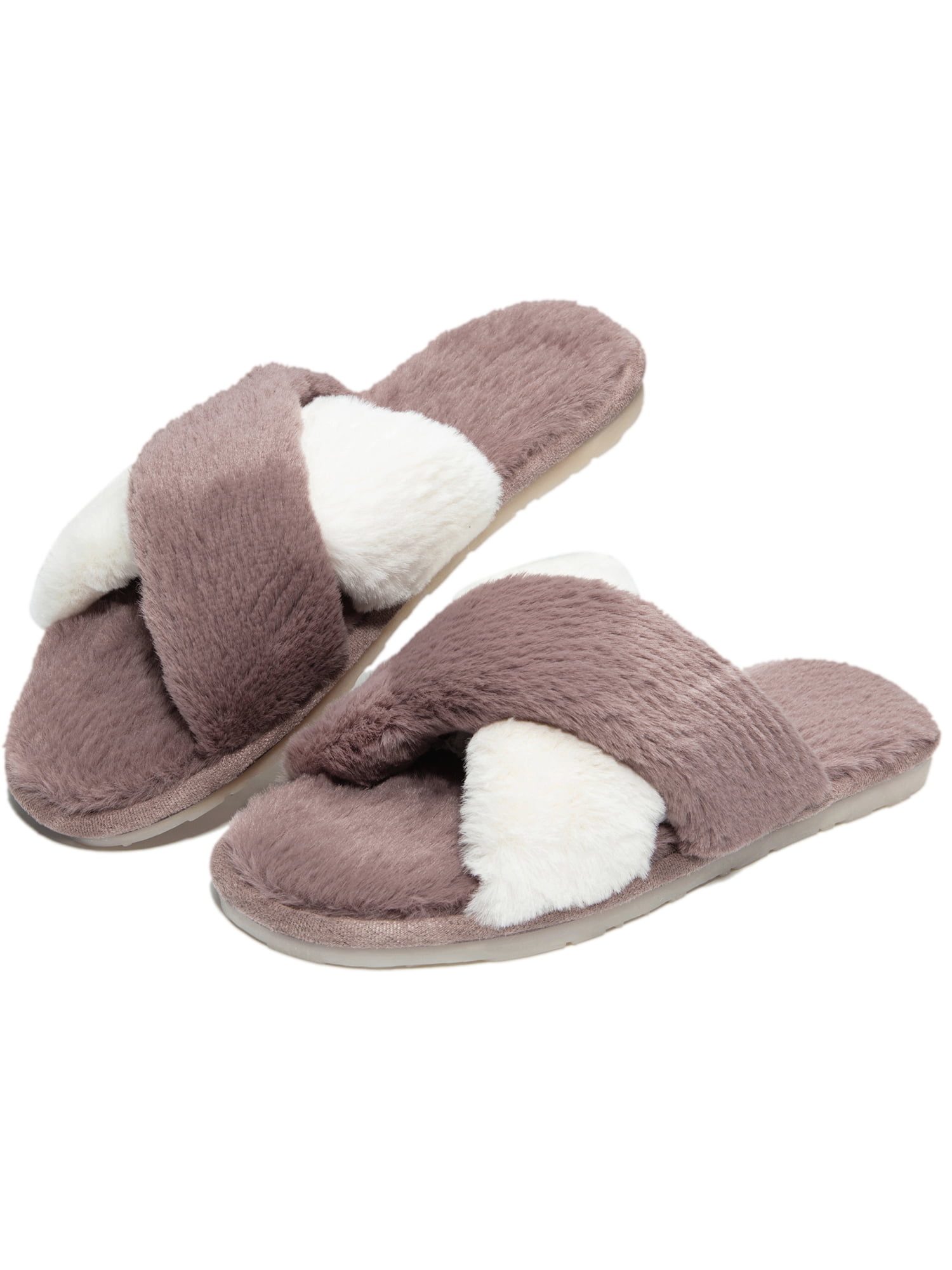Fuzzy Cross Band Slide House Slippers Soft Fluffy Faux Fur Open Toe Indoor Outdoor Shoes Slippers for Woman 