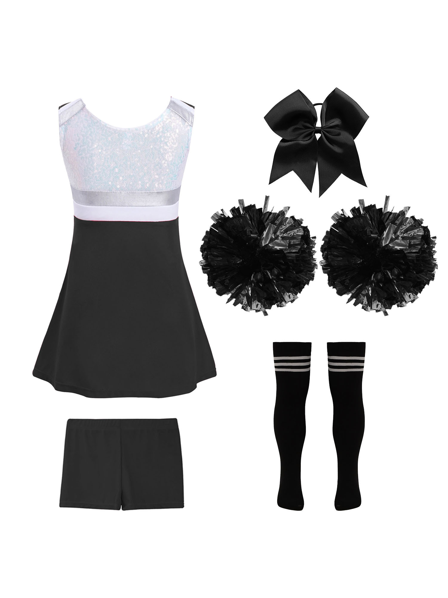 TiaoBug Kids Girls Cheer Leader Uniform Sports Games Cheerleading Dance Outfits Halloween Carnival Fancy Dress Up A Black&White 14 - image 2 of 5