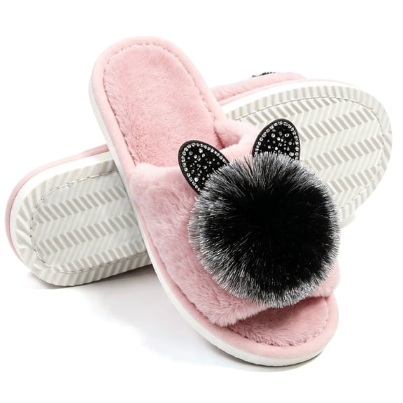 Knivor Open Toe Fuzzy House Slippers for Women Cute Pom Pom Decor Non Slip Fluffy Indoor Slide Slippers