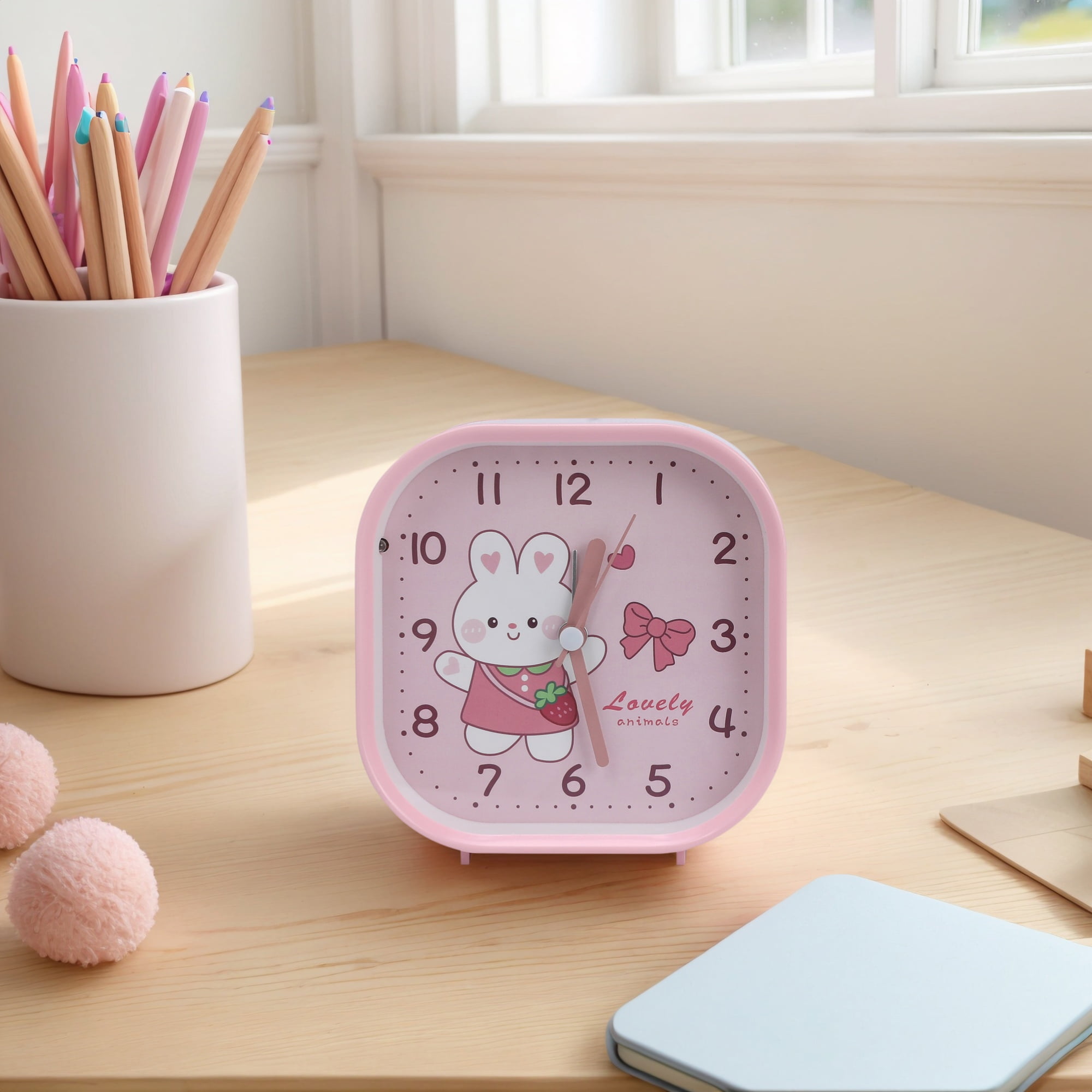 Unique Bargains Square Alarm Clock with Animal Patterns Light pink 4.1"L x 1.9"W x 4.3"H