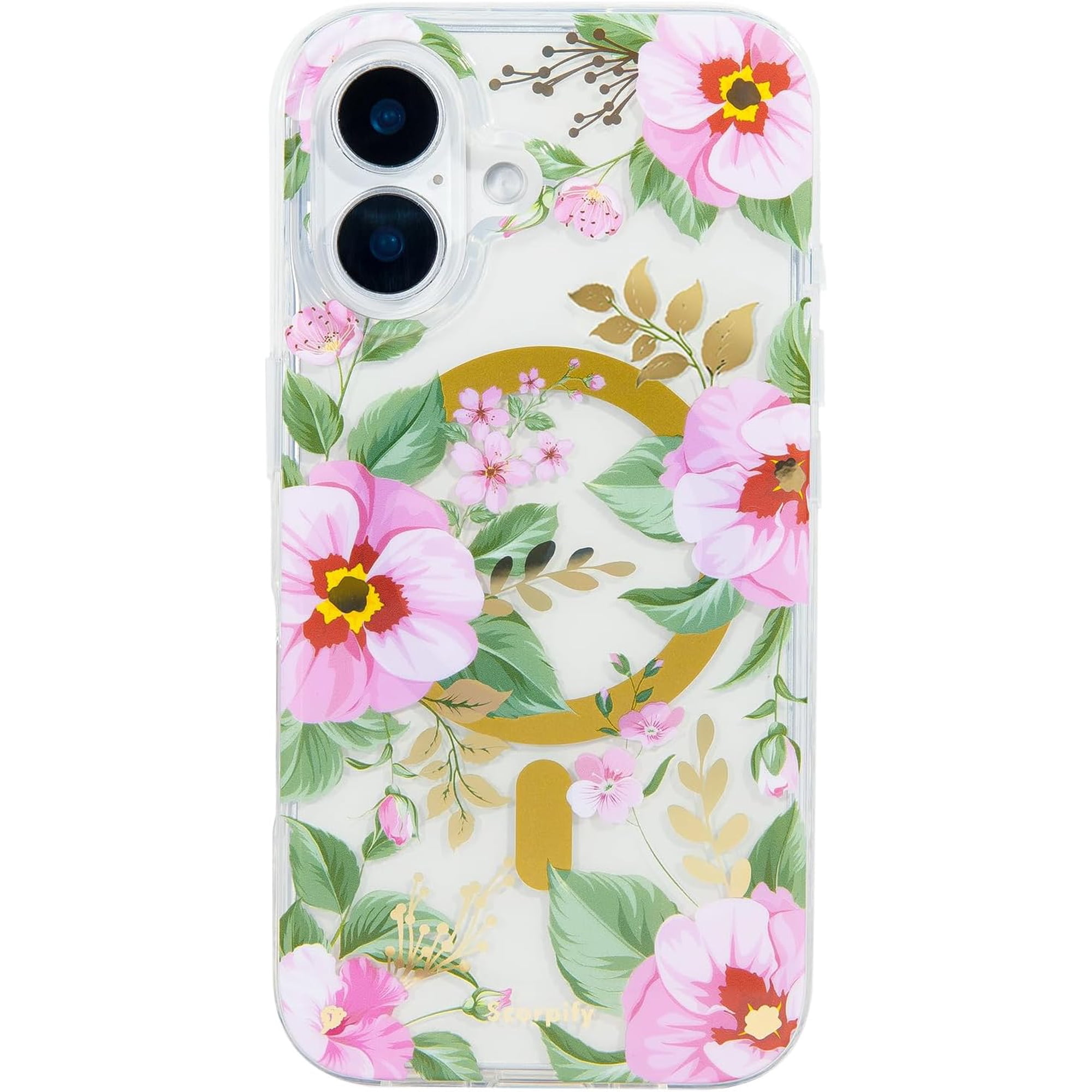 Case for iPhone 16 Case [Compatible with MagSafe] with Pink Primrose Floral Design, Cute Clear Flower Phone Cover for Women Girls, Slim Shockproof Bumper with Gold Accents