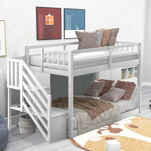 Aukfa Twin over Twin Bunk Bed - Floor Bunk Bed with Storage Staircase for Kids Bedroom - White