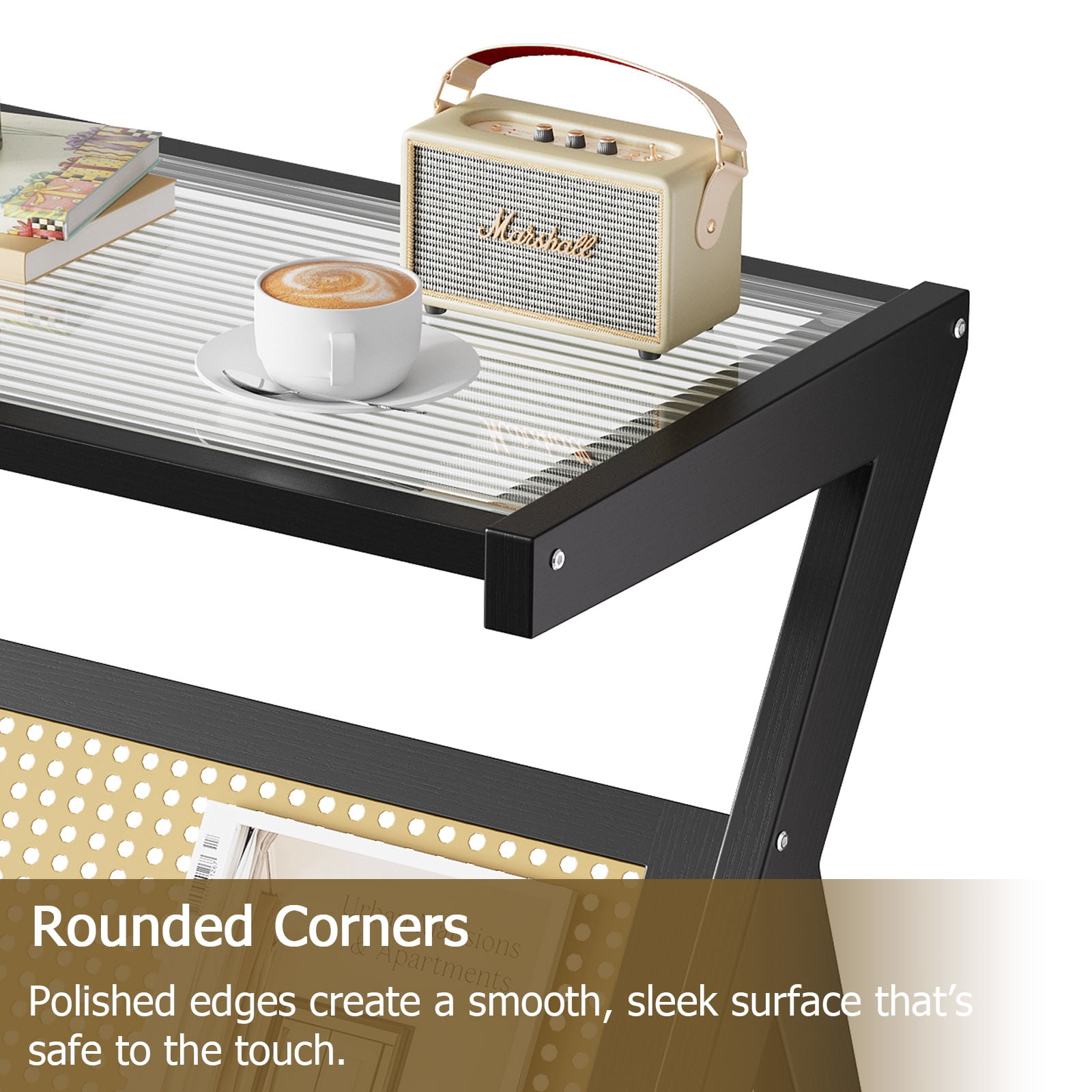 Furnibear C Shaped Side Table Sofa End Table Slide Under Couch Snack Table with Sturdy Metal Frame for Living Room and Bedroom, Black