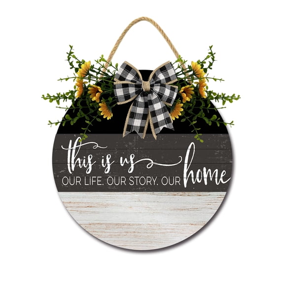 Front Door Porch Decorations This is Us Door Hanging Sign 11 inch Wooden Wall Sign, Rustic Holiday Wreath Decor for Front Door Porch Home Window Wall Farmhouse Decorations