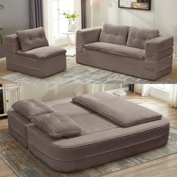 JUFU 3 Piece Modular Sofa Bed, 80" Convertible Sleeper Sofa with Plush Corduroy Fabric, Oversized Sectional Couch, Folding Sofa for Living Room, Apartment