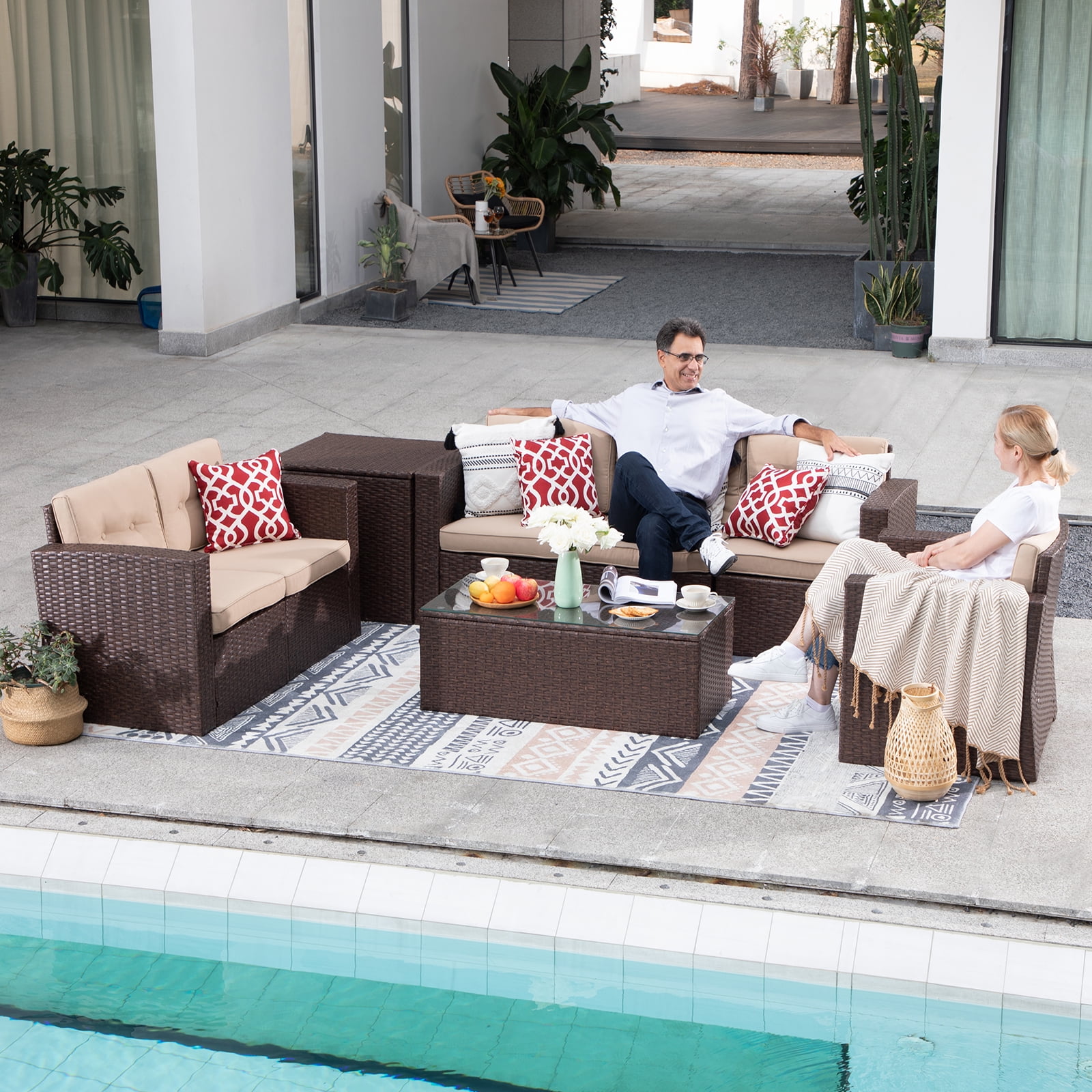 JOIVI 8 Pc Outdoor Furniture Set with Storage Box, Wicker Rattan Patio Conversation Set with Sectional Sofa Couch for 6 People, Espresso Brown
