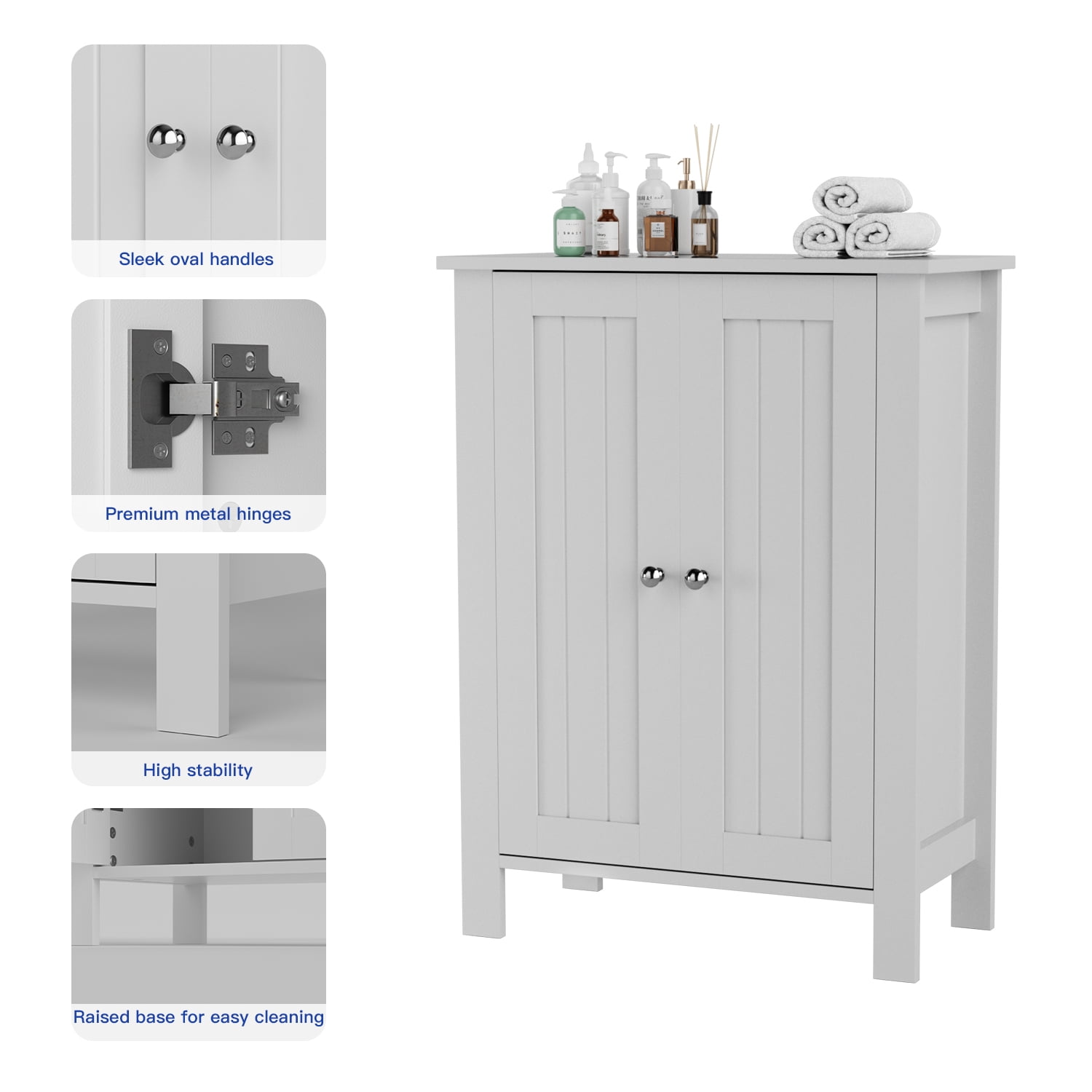 ASJMR Farmhouse Bathroom Floor Cabinet with 2 Doors, Modern Storage Freestanding Organizer Cabinet with Adjustable Shelves, Small Bathroom Cabinet for Kitchen/Bathroom/Living Room, White